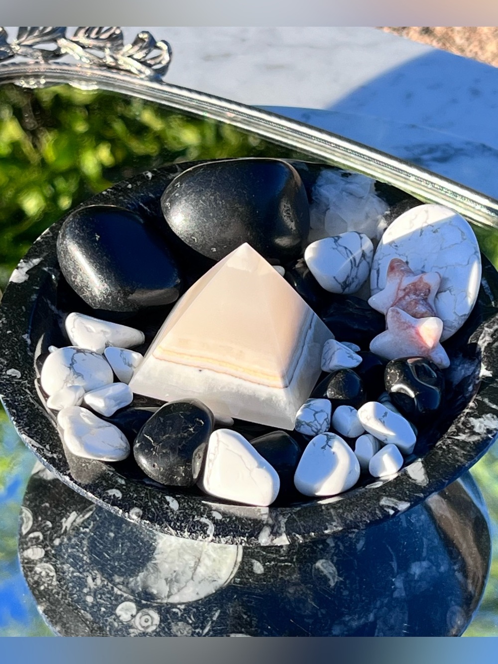 Black Orthoceras Fossil Dish, Banded Onyx Pyramid, Shungite Tumbles, Howlite